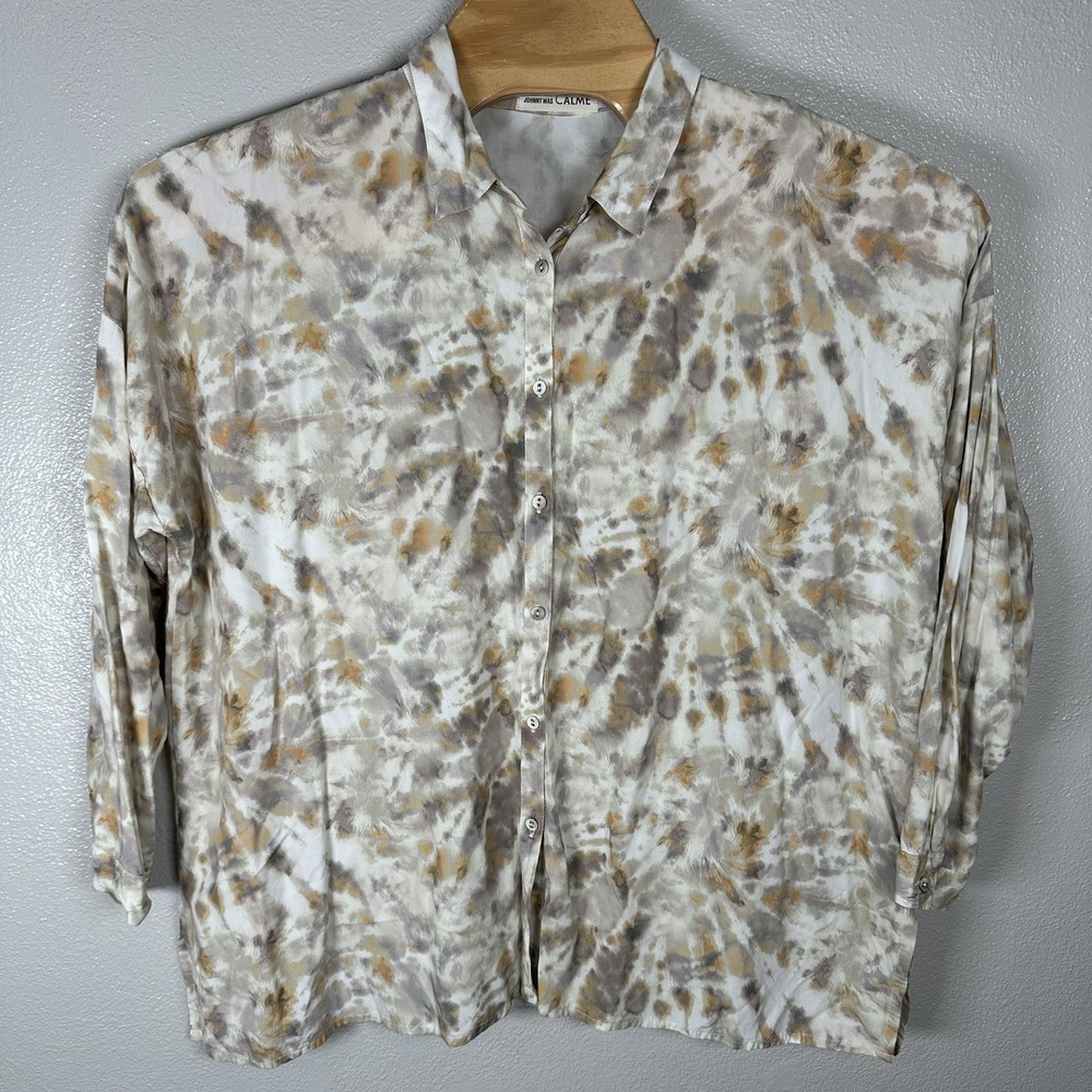 Johnny Was Calme Blouse Top Womens Medium Beige Tie Dye Long‎ Sleeve Button Up